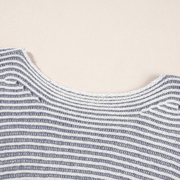 B309 Ashleigh Blue Striped Print Ribbed Knit Boat Neck Baggy Sweater - Picture 5 of 9